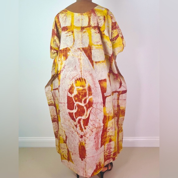 African Print Ankara Yellow Multicolor Cotton Tie Dye Midi Kaftan Dress - Picture 9 of 9